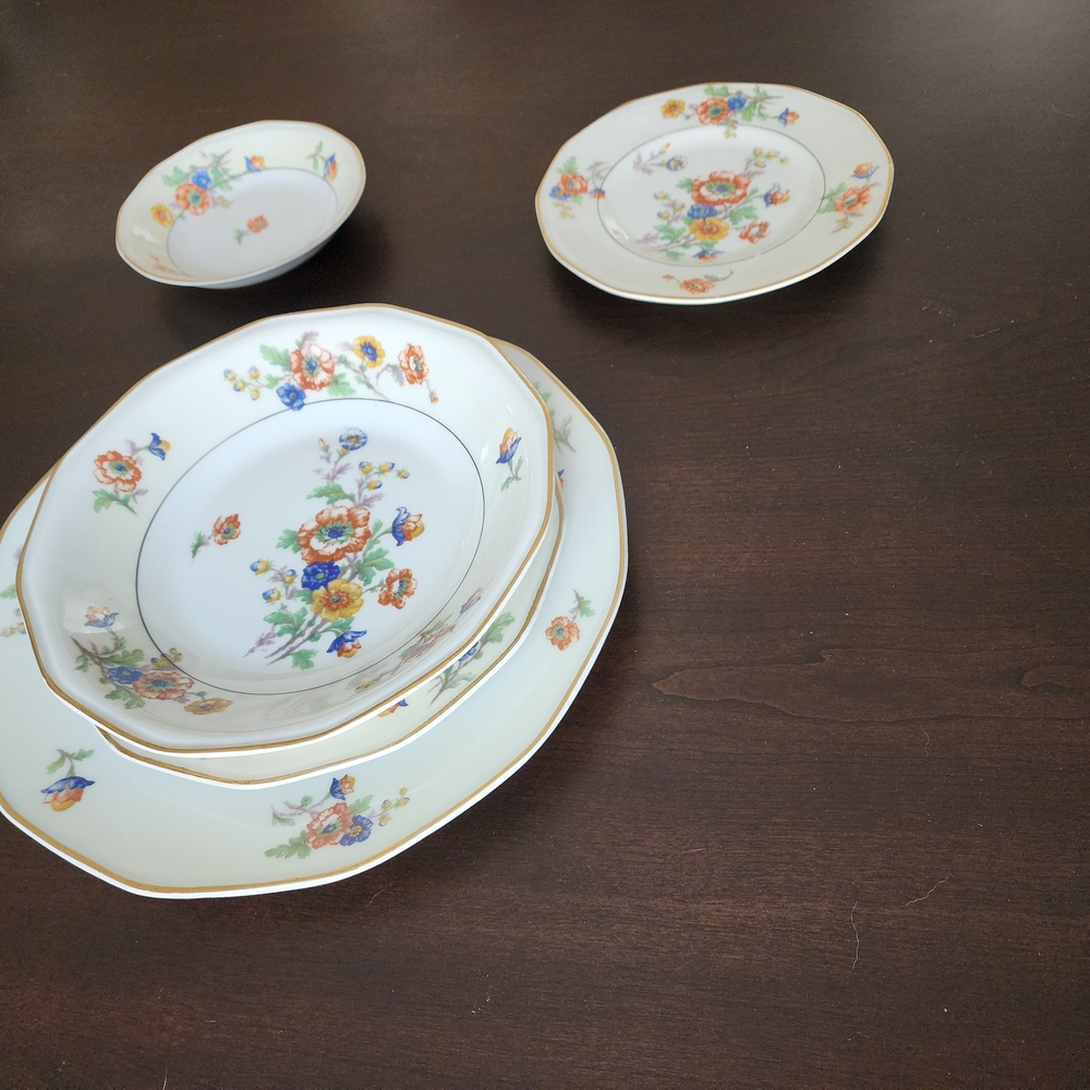 5 Piece Theodore Haviland Limoges France Peonies Plate Bowl Dinner Set Gold Rim